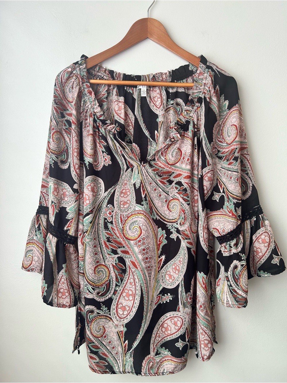 Spense Black Paisley Peasant Tunic with Ruffle Tie